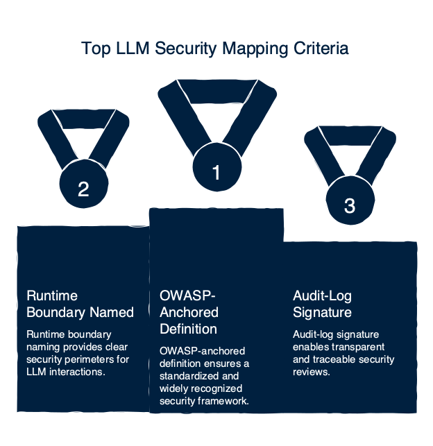 Hierarchy diagram of the six criteria every LLM security mapping should pass: OWASP-anchored definition, runtime boundary named, audit-log signature, standards mapping, configurable action policy, and honest gap statement.